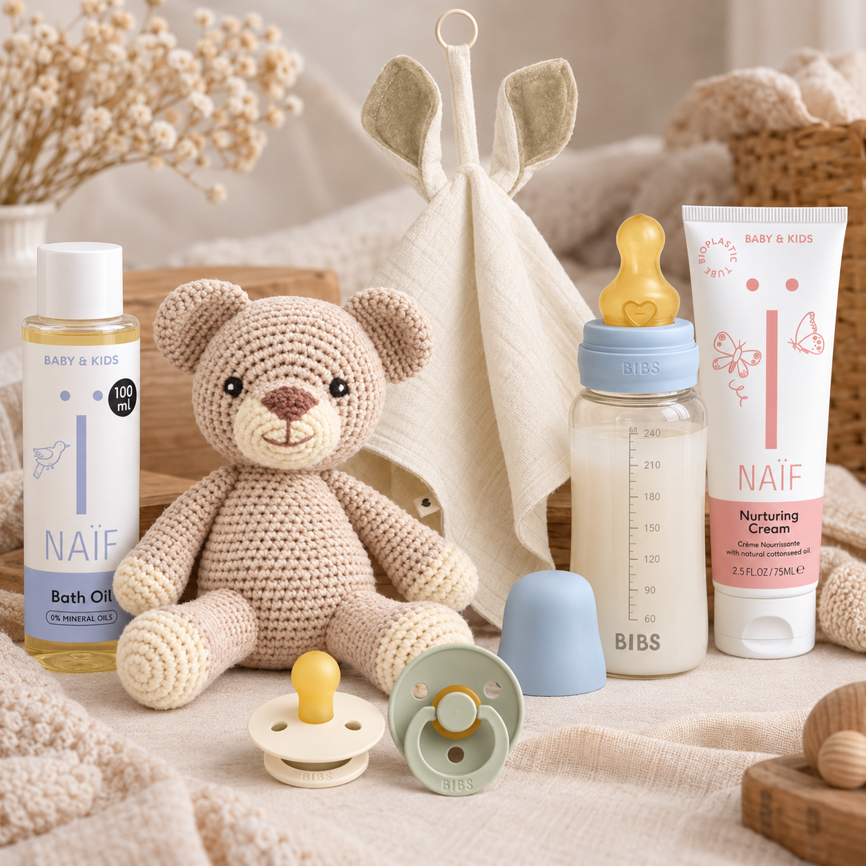Kleine Geschenkideen zur Geburt mit Babyspielzeug, Schnuller, Babyflasche und Pflegeprodukten