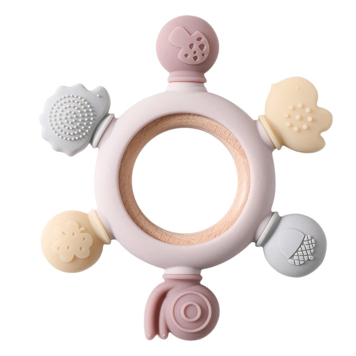 Le Hello World Cuddly Basket Flower Sextuplets est un anneau de dentition de couleur pastel avec cinq formes texturées en silicone sur un cercle en bois - idéal comme cadeau pour bébé pour les jeux sensoriels et pour apaiser la poussée dentaire, ce qui en fait un élément essentiel des basiques de bébé.