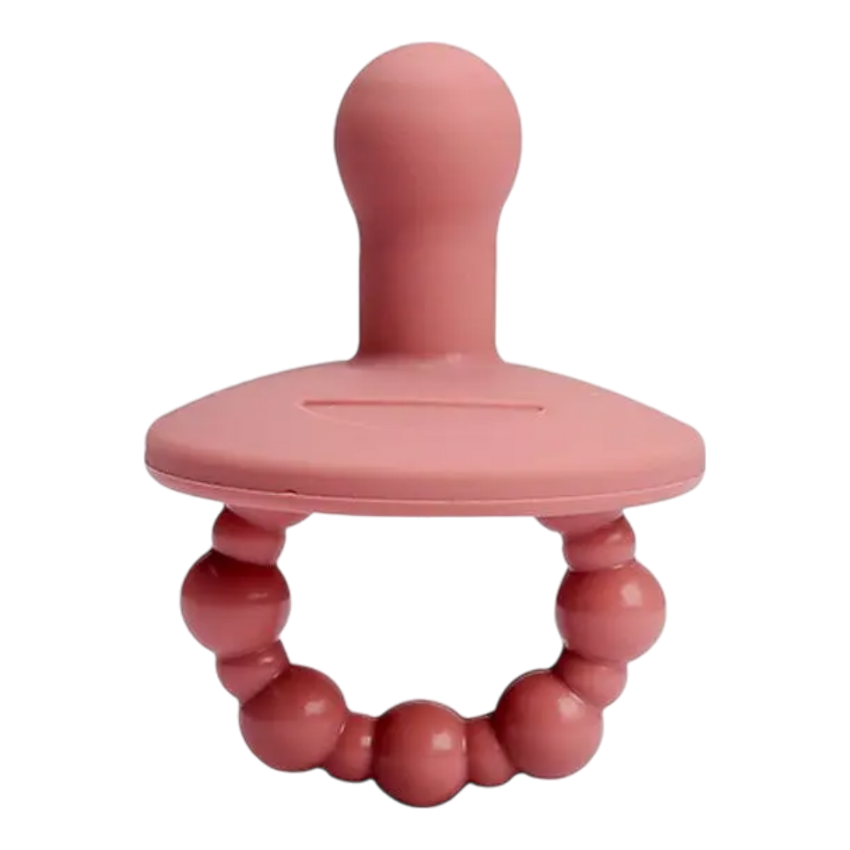 Les sextuplés de fleurs panier câlin Hello World sont une tétine en silicone rose avec une poignée en anneau de perles et une tétine arrondie, idéale comme cadeau de bébé ou pour les basiques du quotidien de bébé, présentée sur un fond blanc uni.