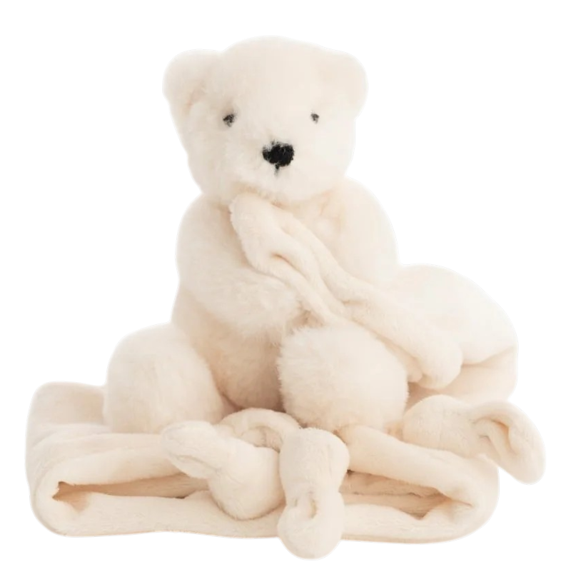 White cuddly blanket with polar bear plush toy for babies from natureZOO
