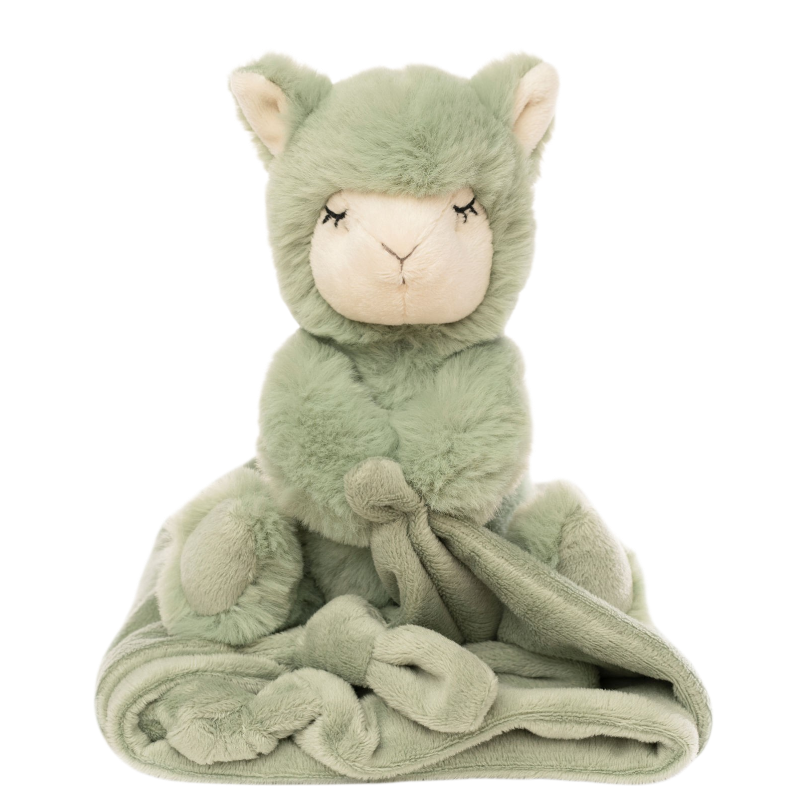 Green cuddly blanket with plush toy llama from natureZOO for babies from 0 months
