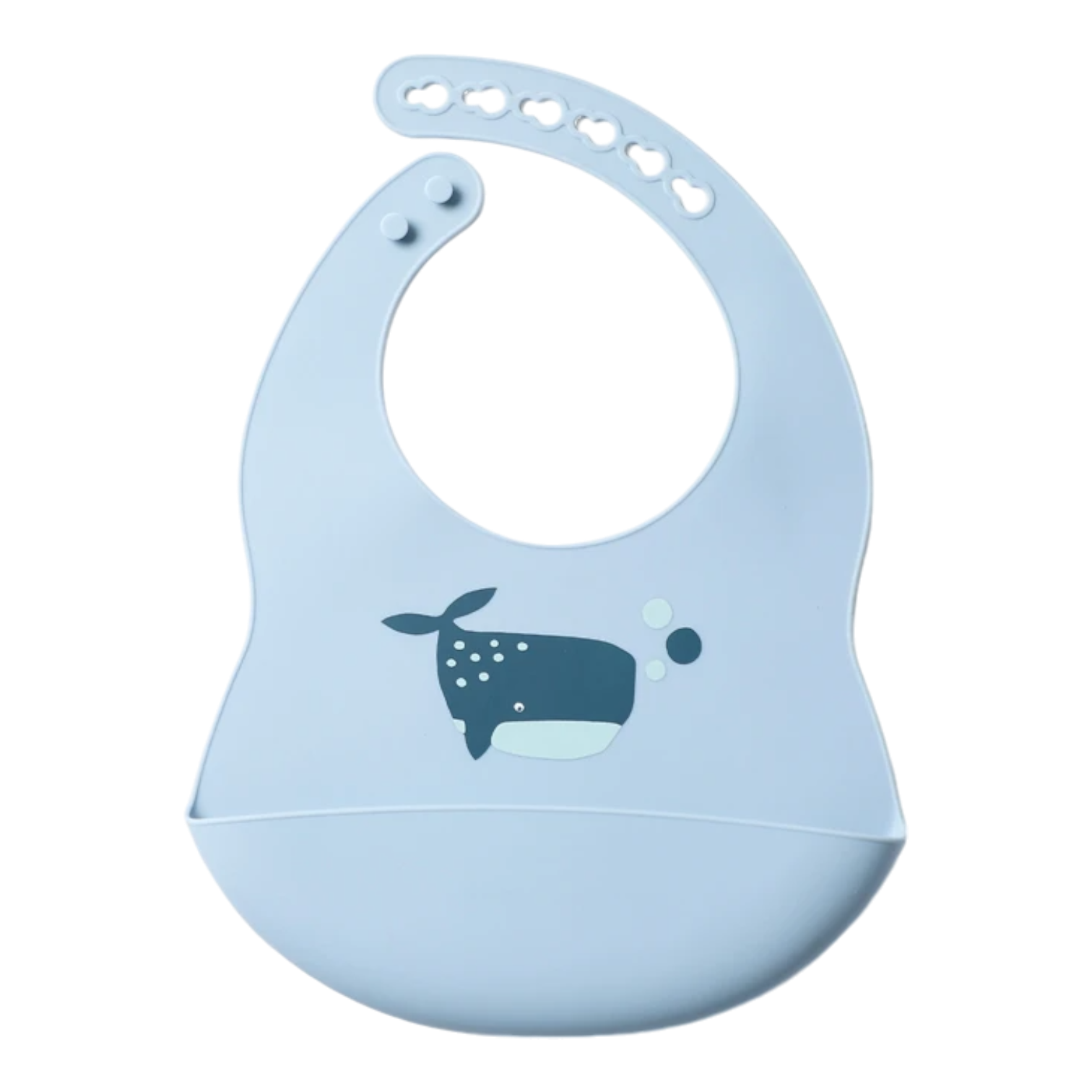 Der Hello World Latz mit Motiv Silikon Blau [30x21cm] hat einen verstellbaren Halsriemen, eine Tasche, ist wasserfest und zeigt ein niedliches dunkelblaues und hellblaues Walmotiv - perfekt als niedlicher Motiv-Latz für die Essenszeit.