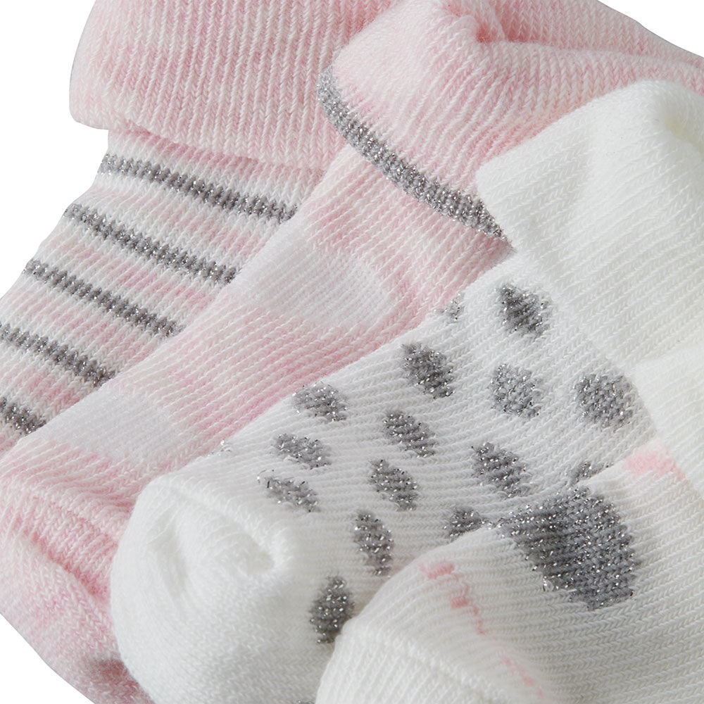 Gros plan de chaussettes douces pour bébé avec détails tricotés roses, blancs et argentés