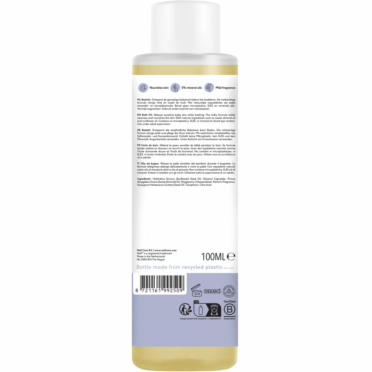 Rückseite des Naïf Baby & Kids Badeöls 100 ml mit Anwendung, Inhaltsstoffen und Produktinformationen.
