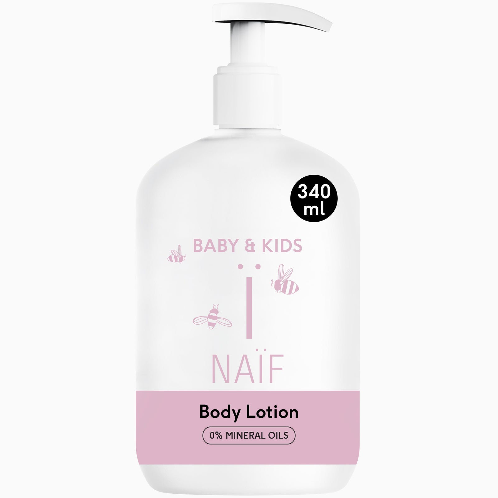 Naïf Baby & Kids body lotion 340 ml with pump dispenser for sensitive baby and children's skin.