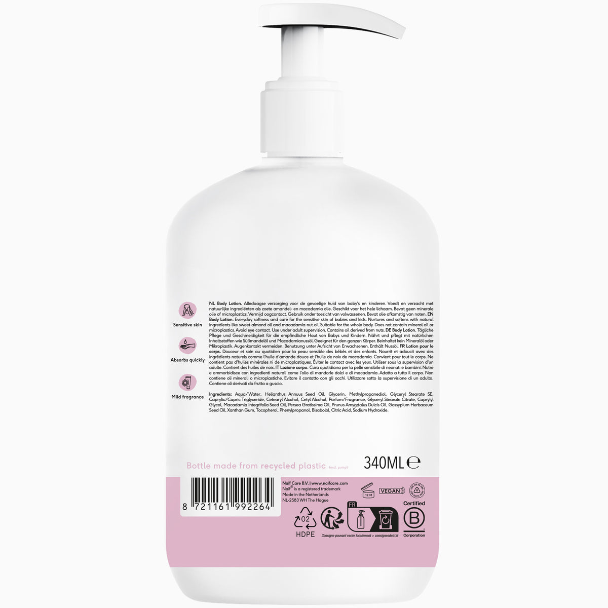 Rückseite der Naïf Baby & Kids Bodylotion 340 ml mit Produktinformationen und Inhaltsstoffen.