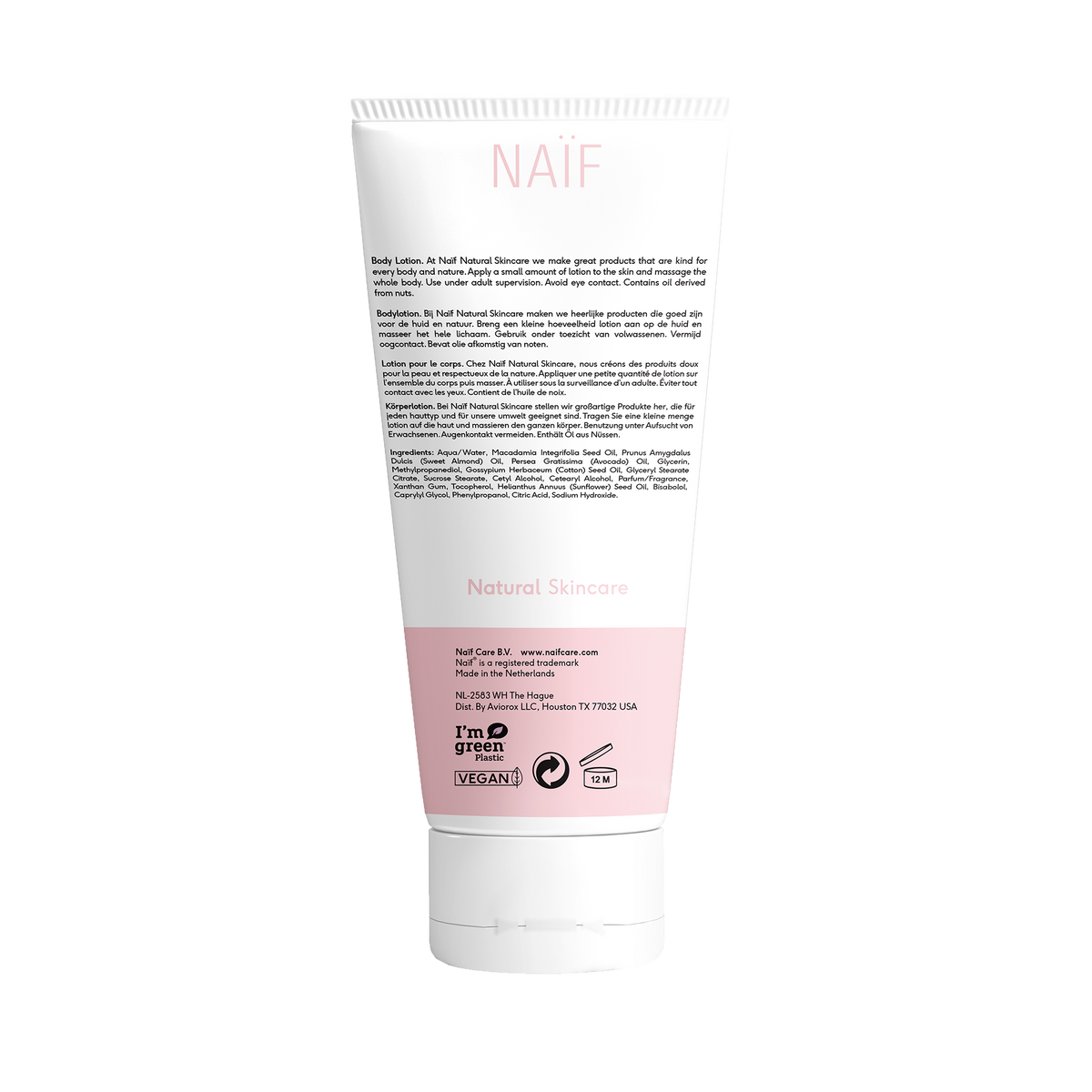 Naïf Baby & Kids lait corporel 200 ml à l'huile d'amande sur fond rose pour le soin quotidien de la peau sensible des bébés et des enfants.