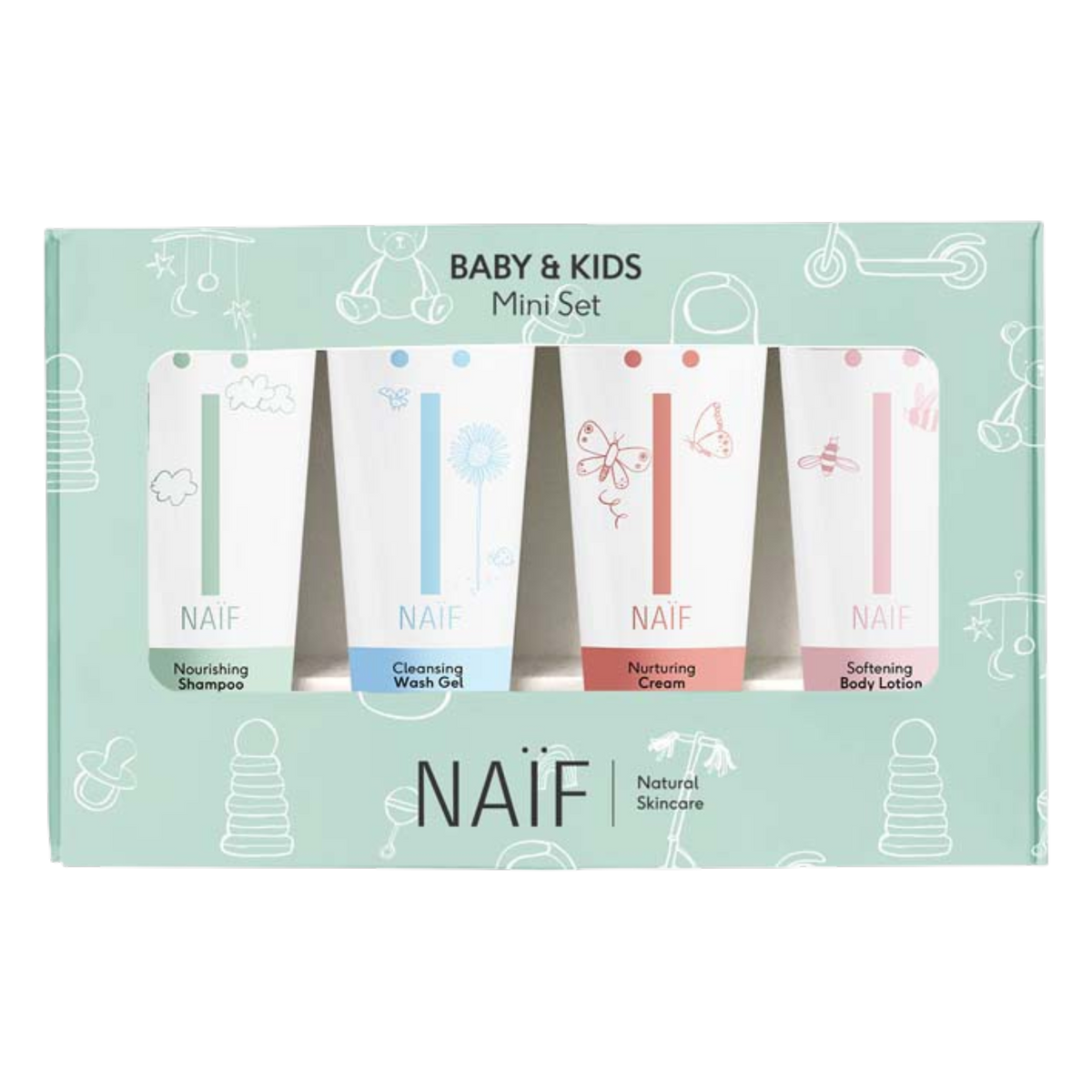 Naïf Baby & Kids Mini Reiseset mit vier Pflegeprodukten in praktischer 15-ml-Reisegröße für Babys und Kinder.
