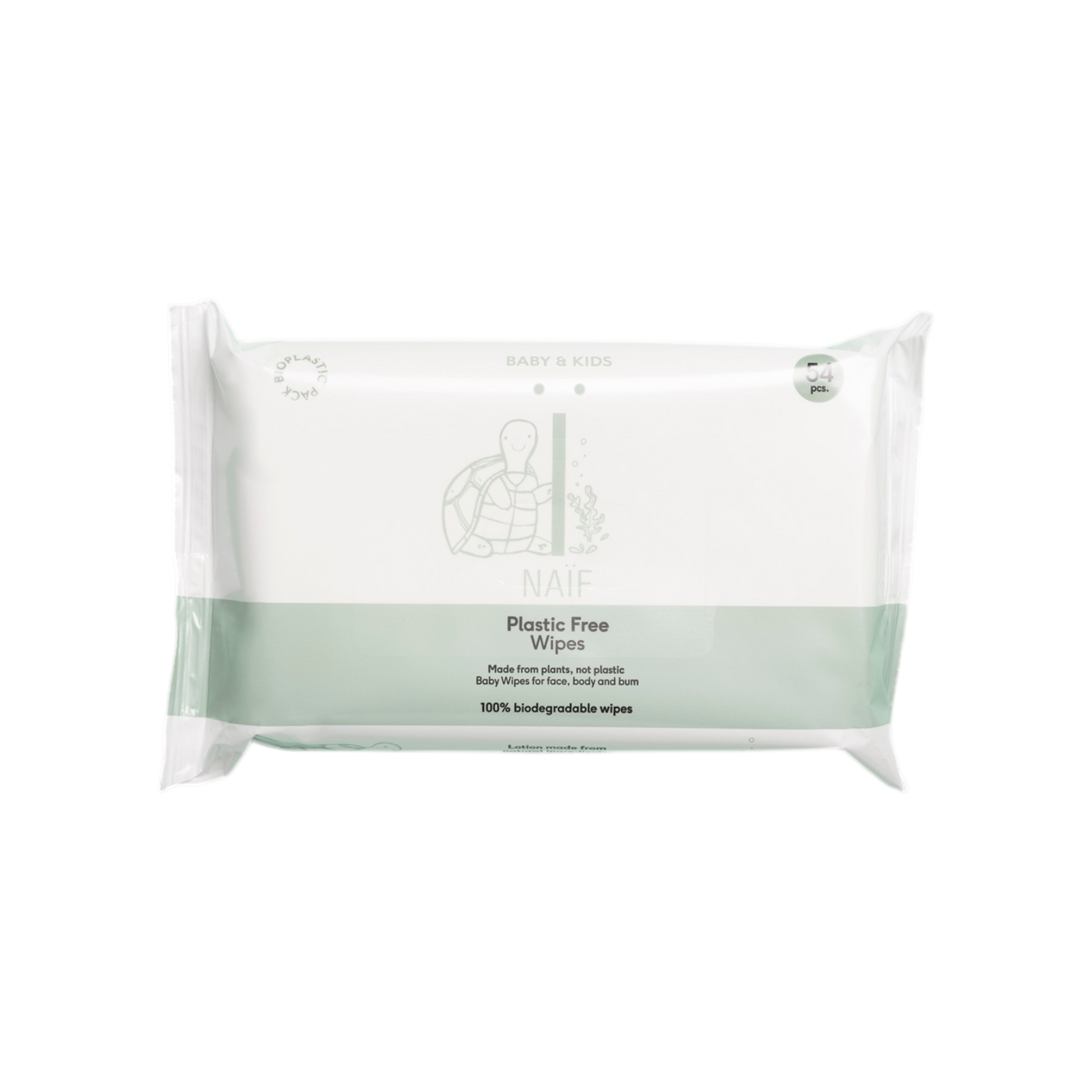 Naïf baby wipes 54 pieces on a mint background with eucalyptus branches - sustainable and plastic-free cleaning.