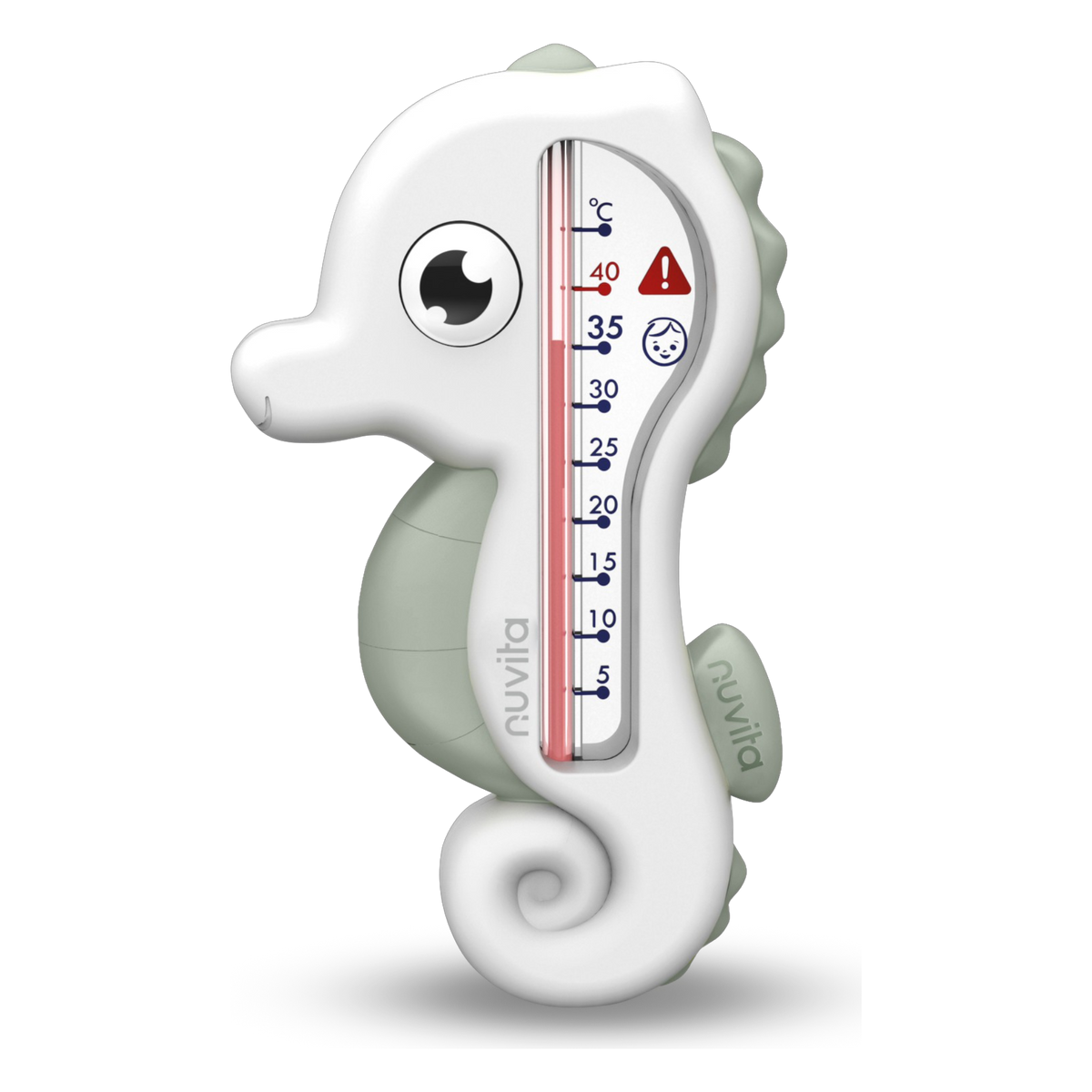 Schwimmendes Nuvita Badthermometer Seepferdchen grün ohne Batterien und quecksilberfrei für Babys und Kleinkinder.