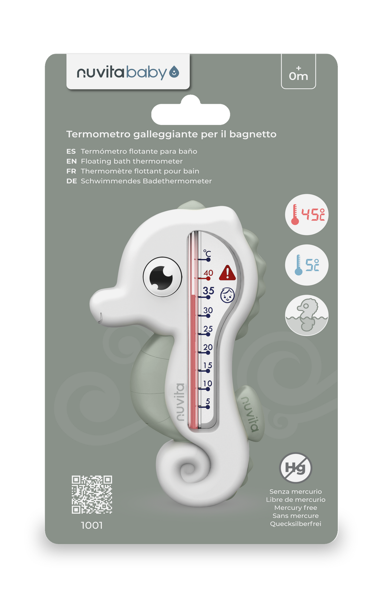 Nuvita Badthermometer Seepferdchen grün in der Originalverpackung mit gut ablesbarer Temperaturskala.