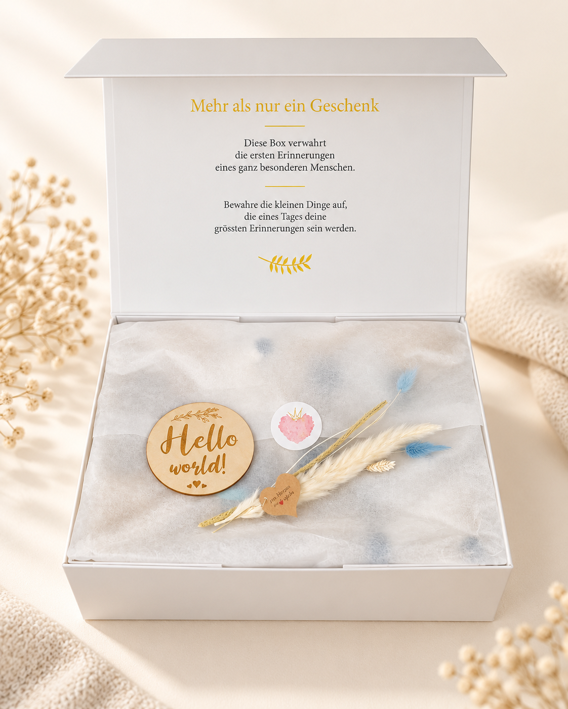 Offene cremeweisse Premium Geschenkbox mit Erinnerungsaufdruck im Deckel, Seidenpapier, Holzschild „Hello world“ und Trockenblumen als liebevolle Geschenkverpackung zur Geburt.