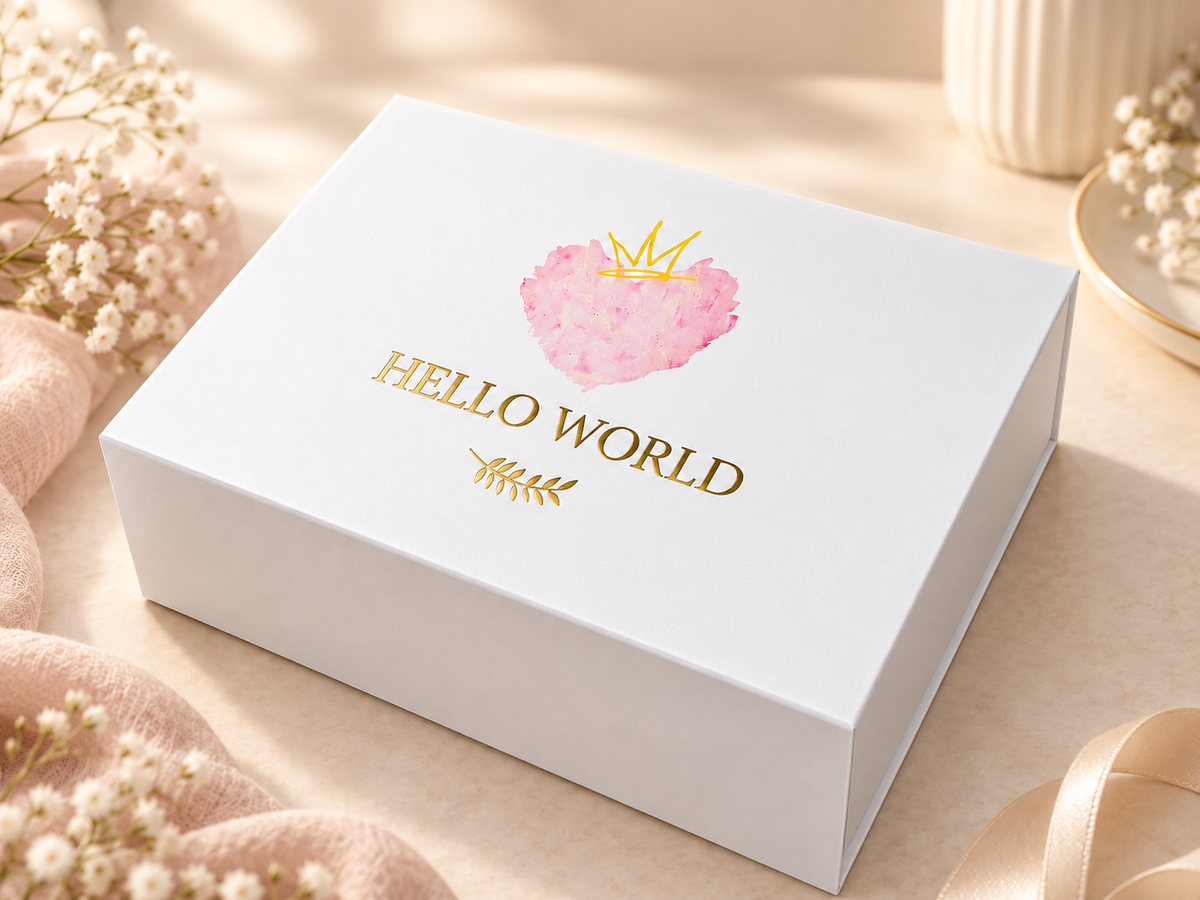 Premium gift box from Hello World as a high-quality baby gift for a birth