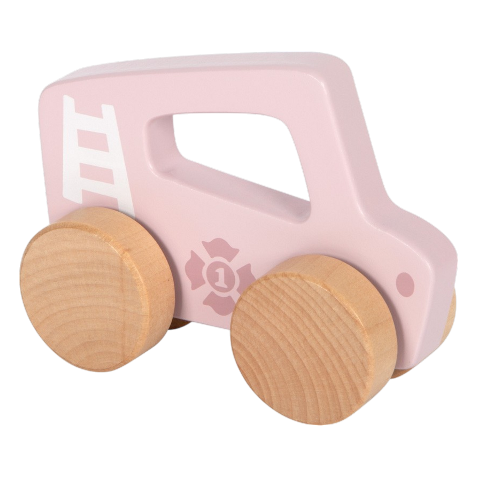 Detailed shot of the Small Foot push car made of wood in pink as a grasping toy and push car for babies.