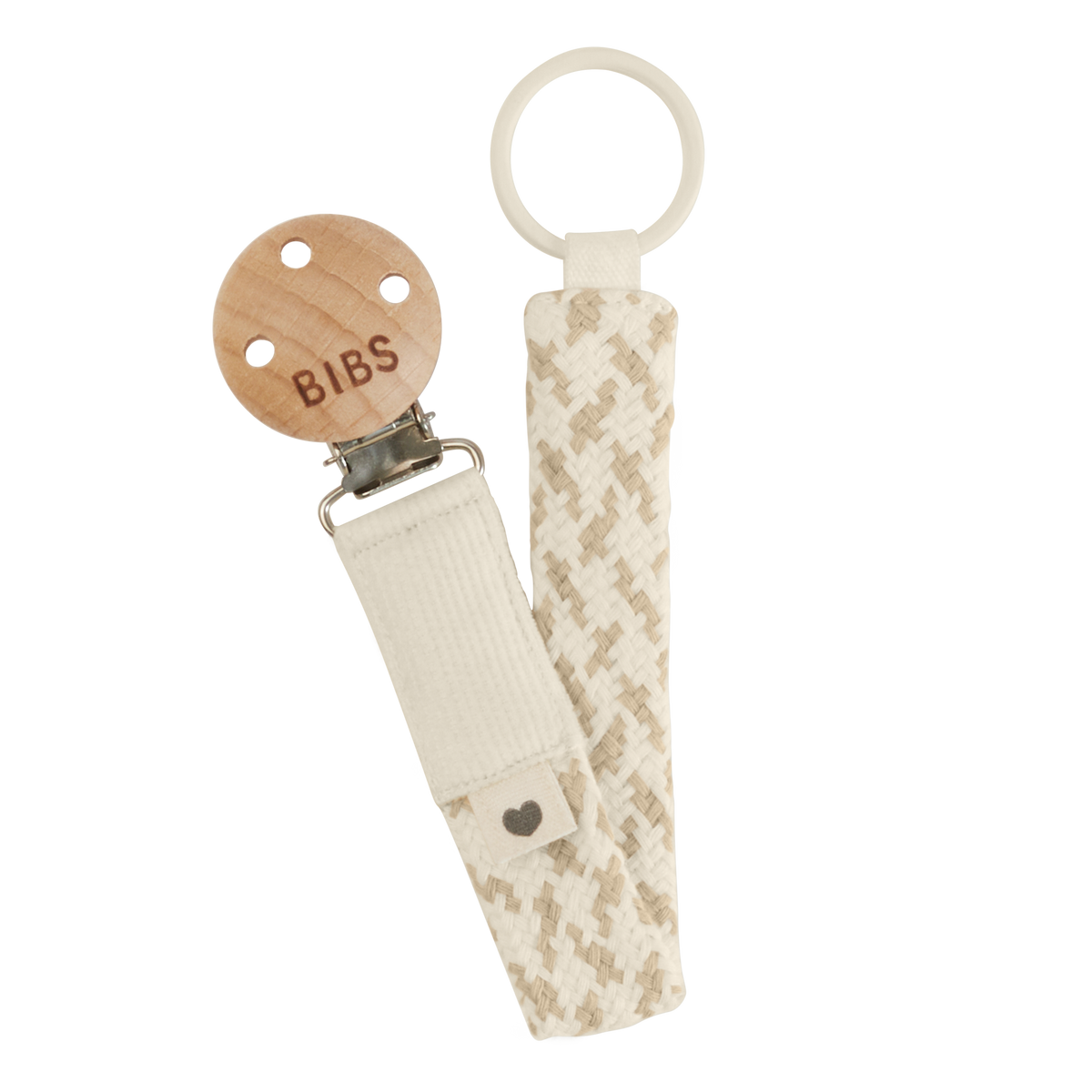 Braided pacifier chain in cream and vanilla made from organic cotton with a wooden clip and nickel-free metal clasp