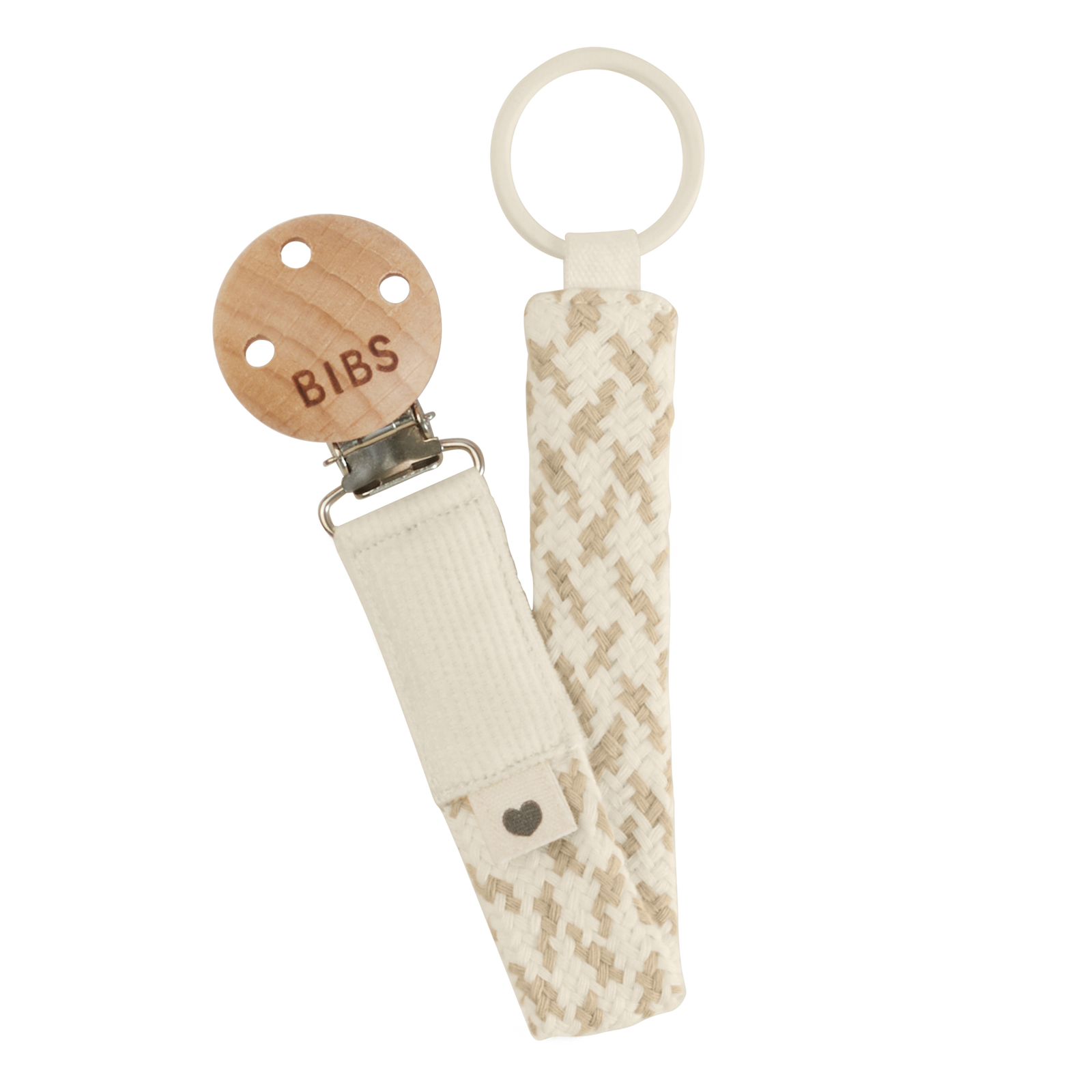 Braided pacifier chain in cream and vanilla made from organic cotton with a wooden clip and nickel-free metal clasp