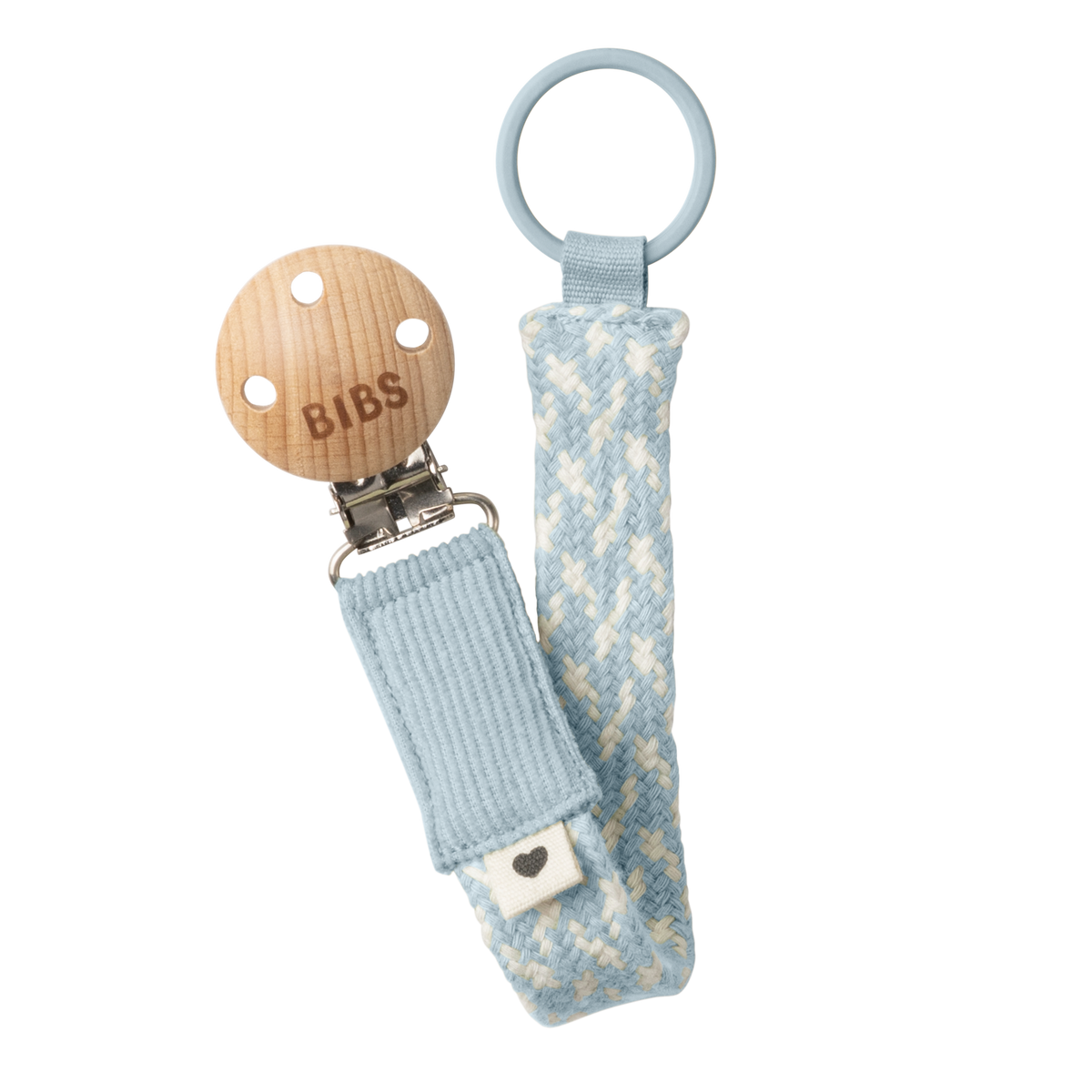 Braided pacifier chain in light blue and cream made of organic cotton with a wooden clip and nickel-free metal clasp