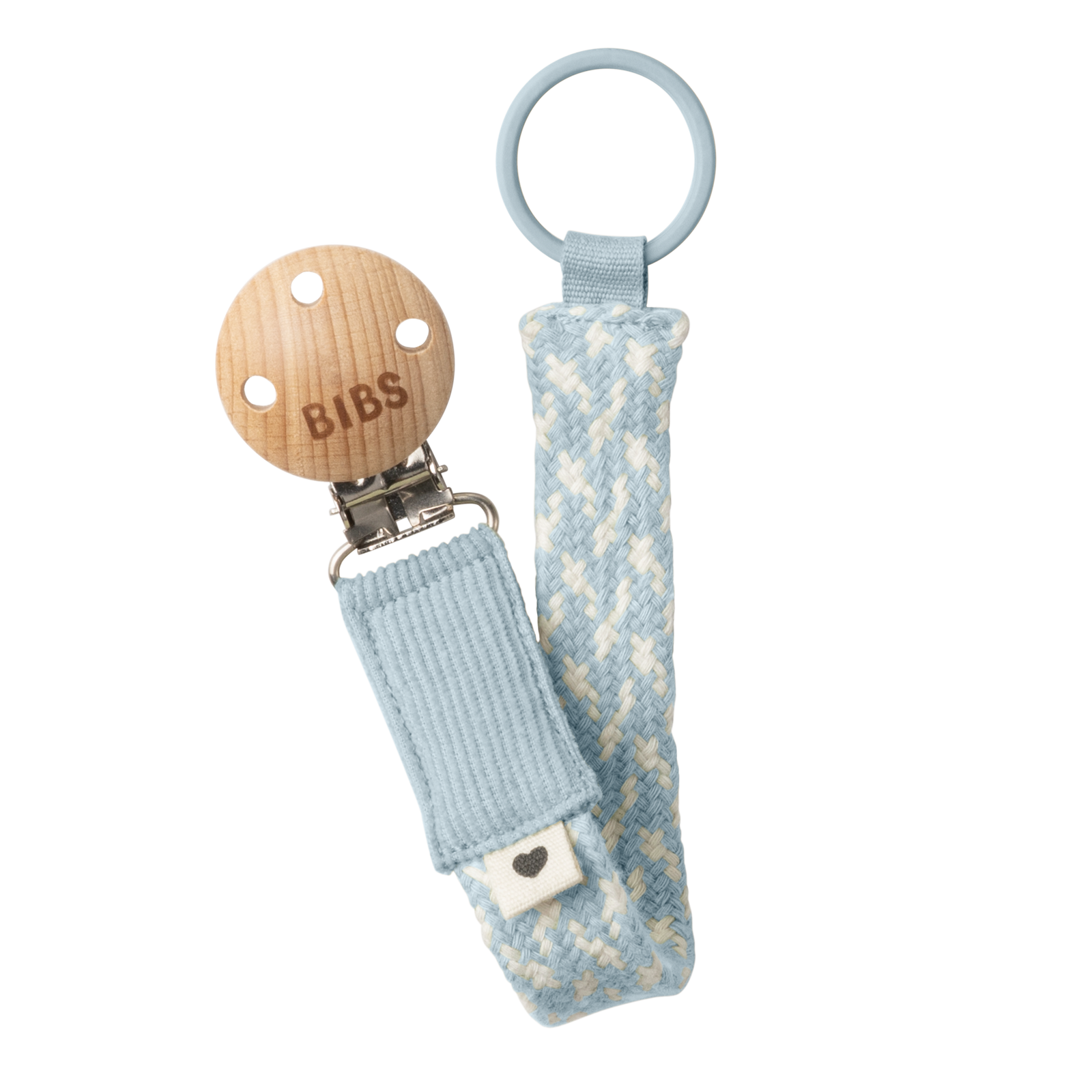 Braided pacifier chain in light blue and cream made of organic cotton with a wooden clip and nickel-free metal clasp