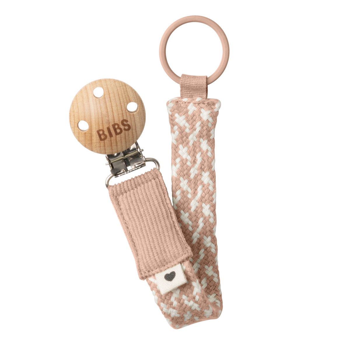 Geflochtene Schnullerkette in Rosé und Creme aus Bio-Baumwolle mit Holzclip und nickelfreiem Metallverschluss