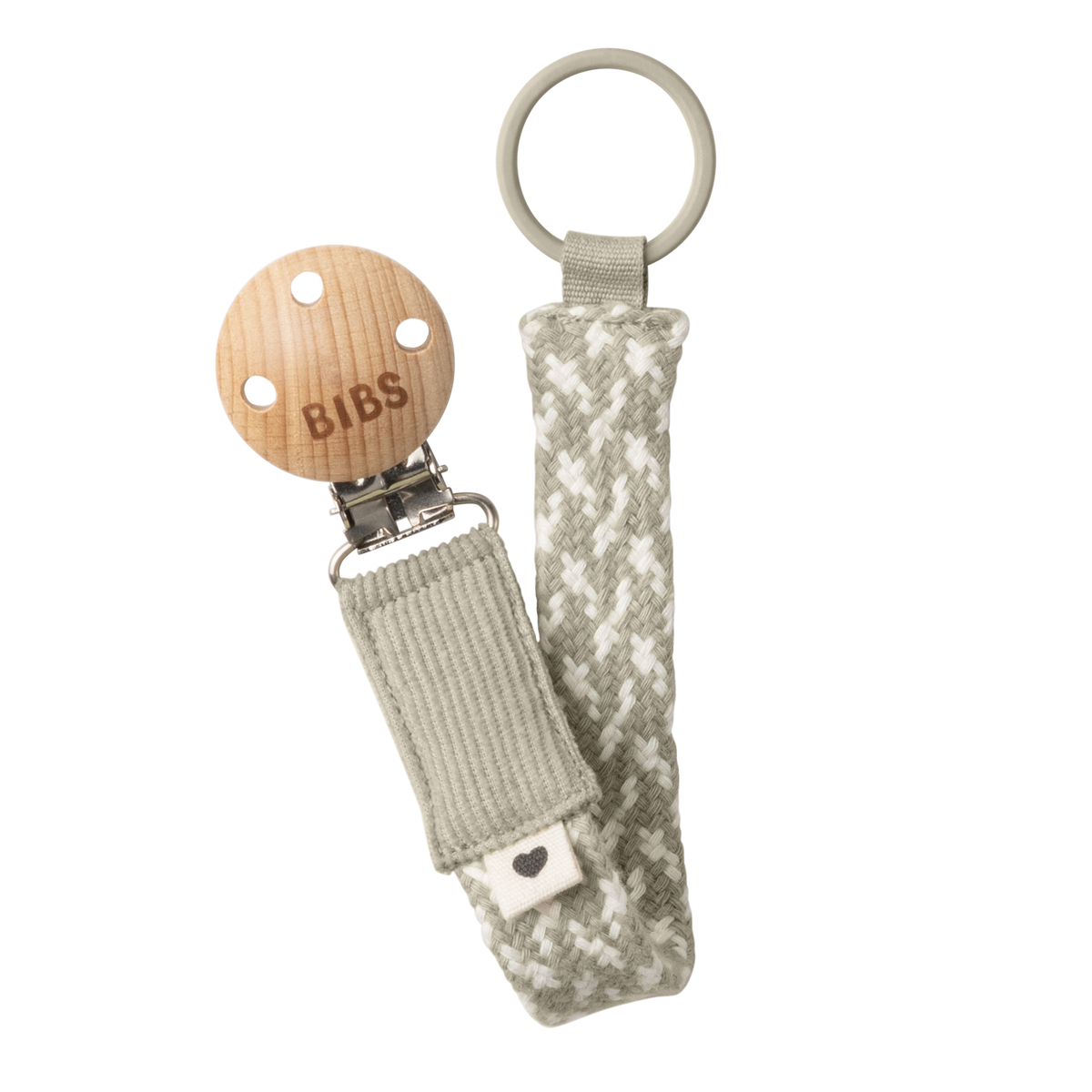 Braided pacifier chain in sand and cream made of organic cotton with wooden clip and nickel-free metal clasp