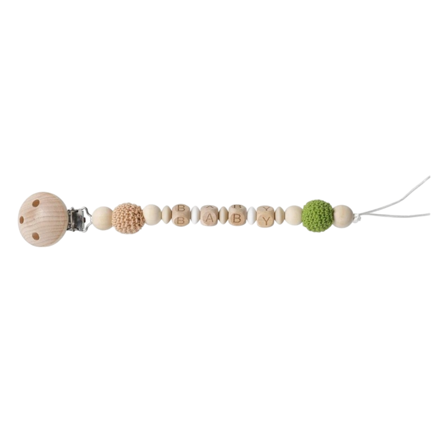 Die Schnullerkette mit Aufschrift "Baby" Grün [22x3,5cm] von Hello World kombiniert Holz- und Häkelperlen in Beige und Grün, Buchstabenwürfel, silbernen Clip mit runder Holzende und weiße Kordelschlaufe - ideal als grünes Schnullerketten-Accessoire.