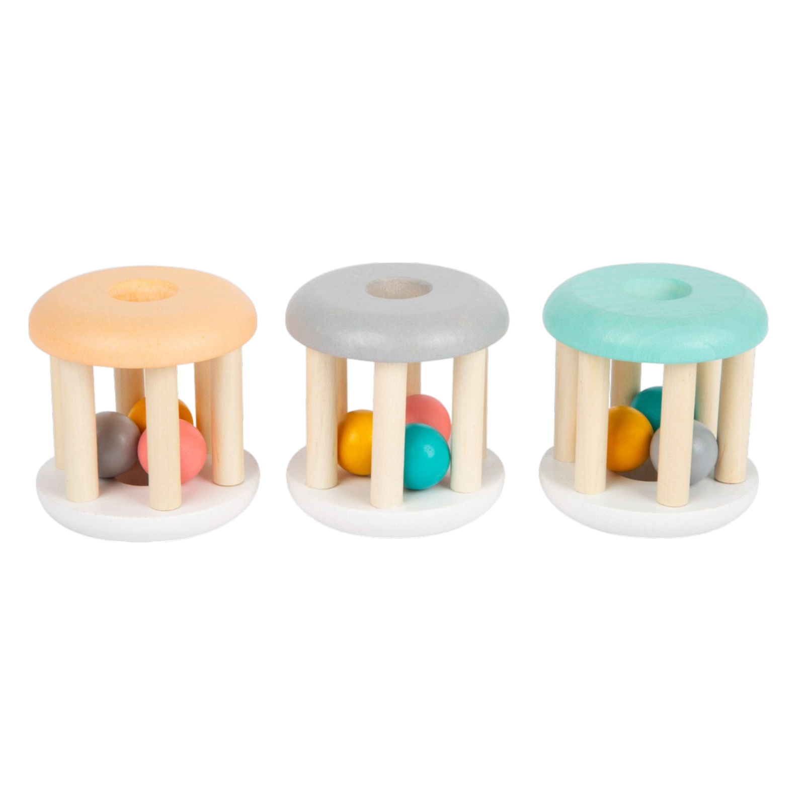 Small Foot pastel gripping toy set of 3 made of wood for babies with three colors and gentle sounds.