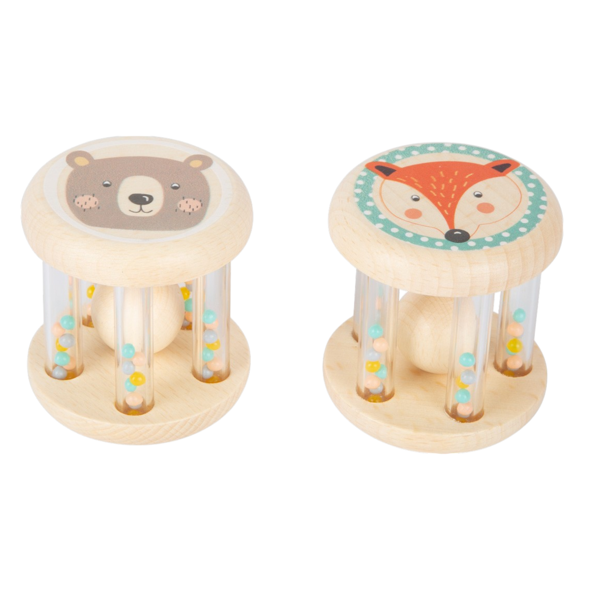 Small Foot Greifspielzeug Tiere Pastell 2er Set aus Holz mit Bär und Fuchs für Babys ab Geburt.