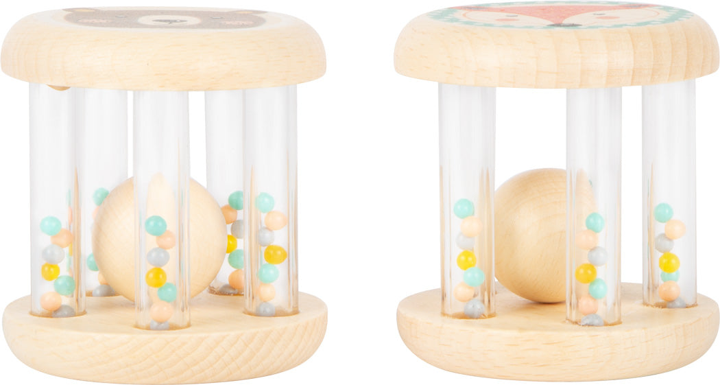 Rückseite des Greifspielzeug Tiere Pastell 2er Sets aus Holz mit bunten Kügelchen in transparenten Röhren.
