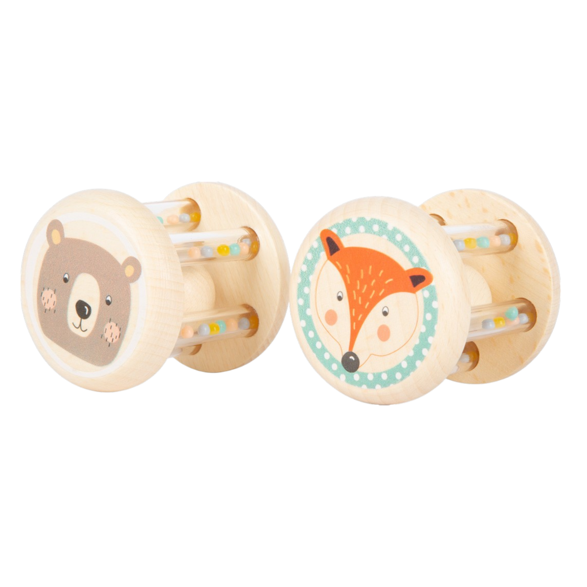 Vue oblique du lot de 2 animaux jouets pastel en bois avec motif ours et renard.