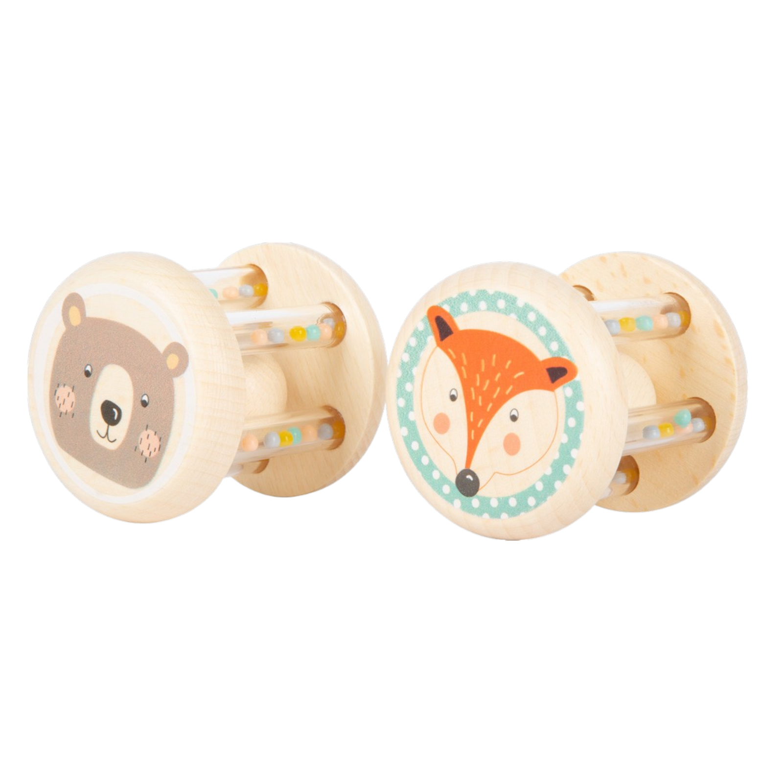 Oblique view of the gripping toy animals pastel set of 2 made of wood with a bear and fox motif.
