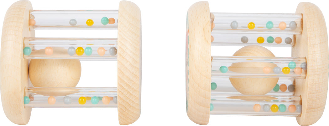 Seitenansicht des Greifspielzeug Tiere Pastell 2er Sets aus Holz mit bunten Kügelchen und Holzkugel im Inneren.