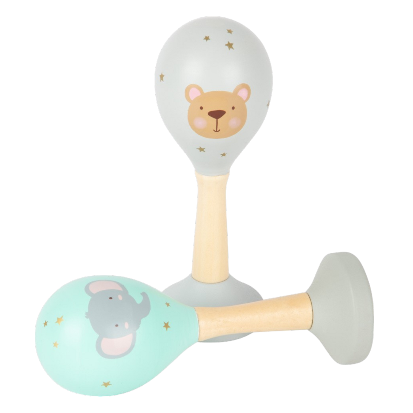 Small Foot Maracas rattles pastel set of 2 made of wood with bear and elephant for babies from birth.