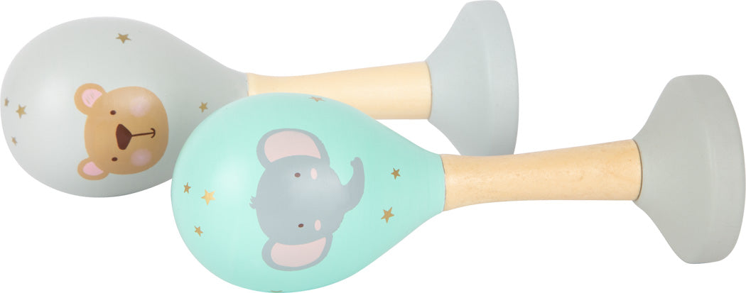 Vista frontale dei sonagli Maracas Small Foot color pastello in legno con orso ed elefante.