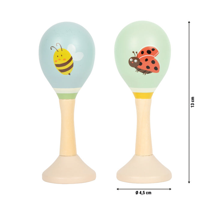 Schräge Ansicht der Small Foot Maracas Rasseln aus Holz für Babys und Kleinkinder.