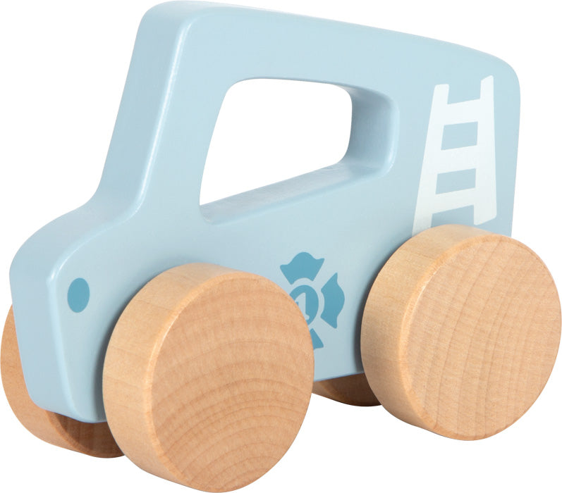 Schraege Rueckansicht des Small Foot Schiebeautos aus Holz in Blau.
