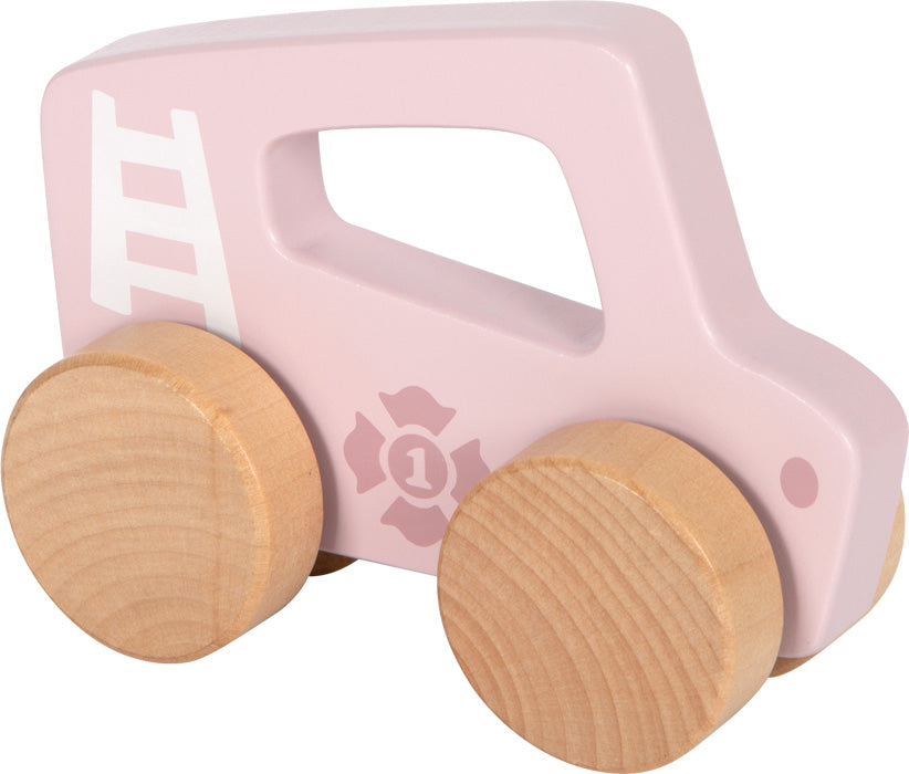 Detailed shot of the Small Foot push car made of wood in pink as a grasping toy and push car for babies.