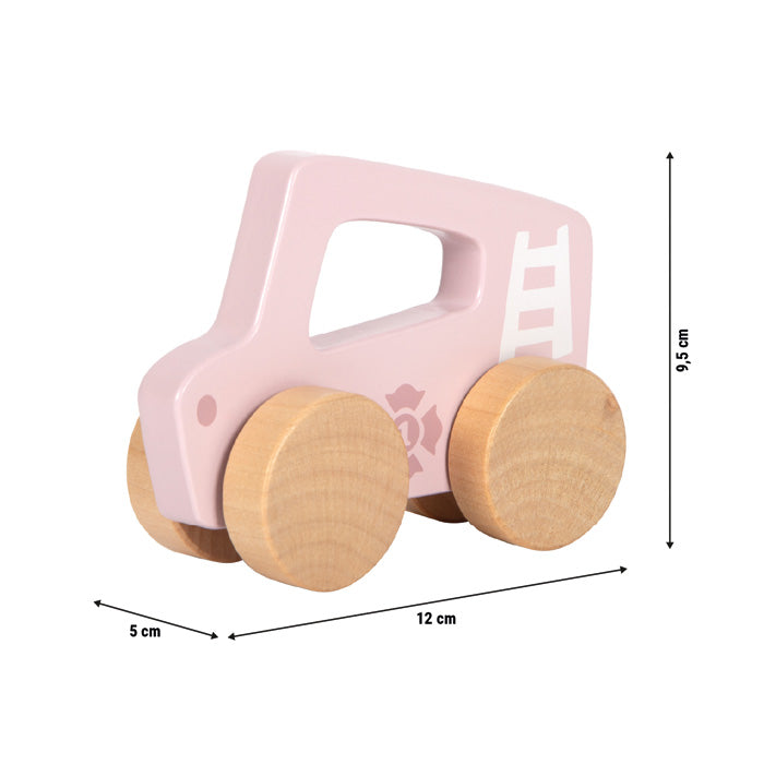 Schiebeauto rosa aus Holz mit Massangaben 12 × 5 × 9,5 cm für kleine Kinderhände.