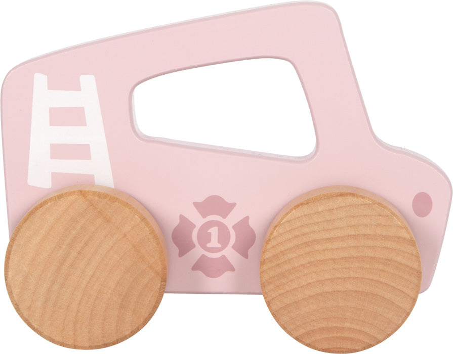 Rückansicht des rosa Holz-Schiebeautos mit naturfarbenen Holzrädern und ergonomischer Form.