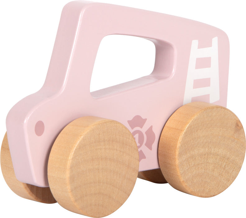 Rosa Holz-Schiebeauto mit abgerundeten Kanten und leichtgängigen Holzrädern.