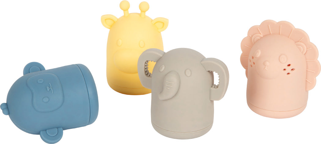 Detailed view of the Small Foot silicone bath toy set with lion, elephant, giraffe and monkey.