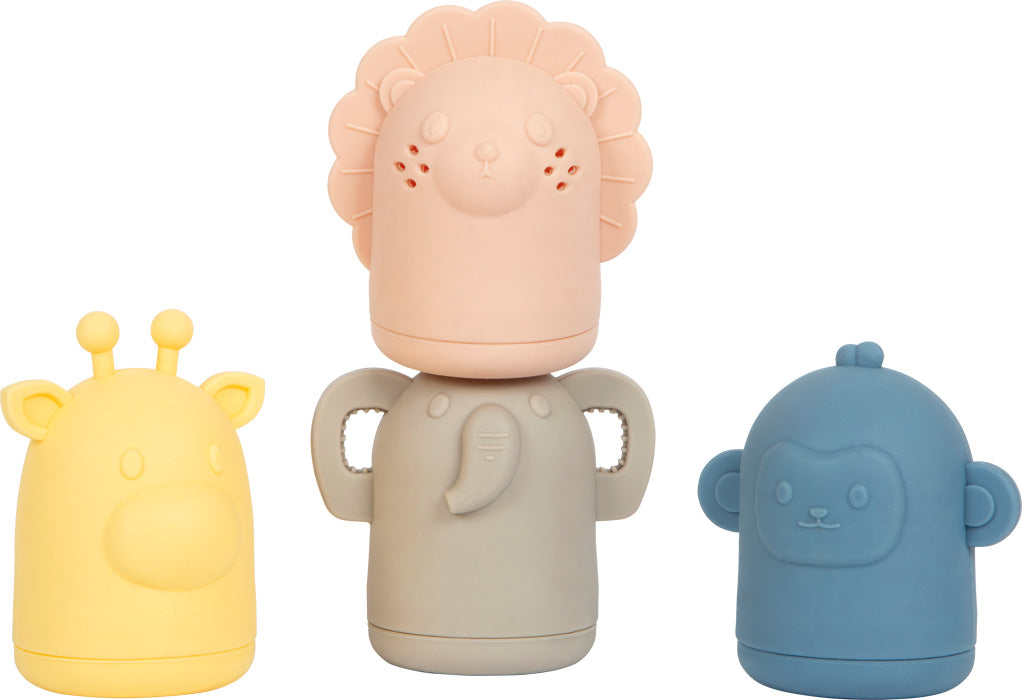 Four animal figures from the Small Foot silicone bath toy set made of soft silicone with a lion, elephant, giraffe and monkey.