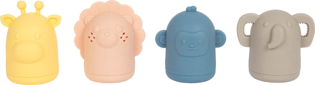 Four animal figures from the Small Foot silicone bath toy set made of soft silicone.