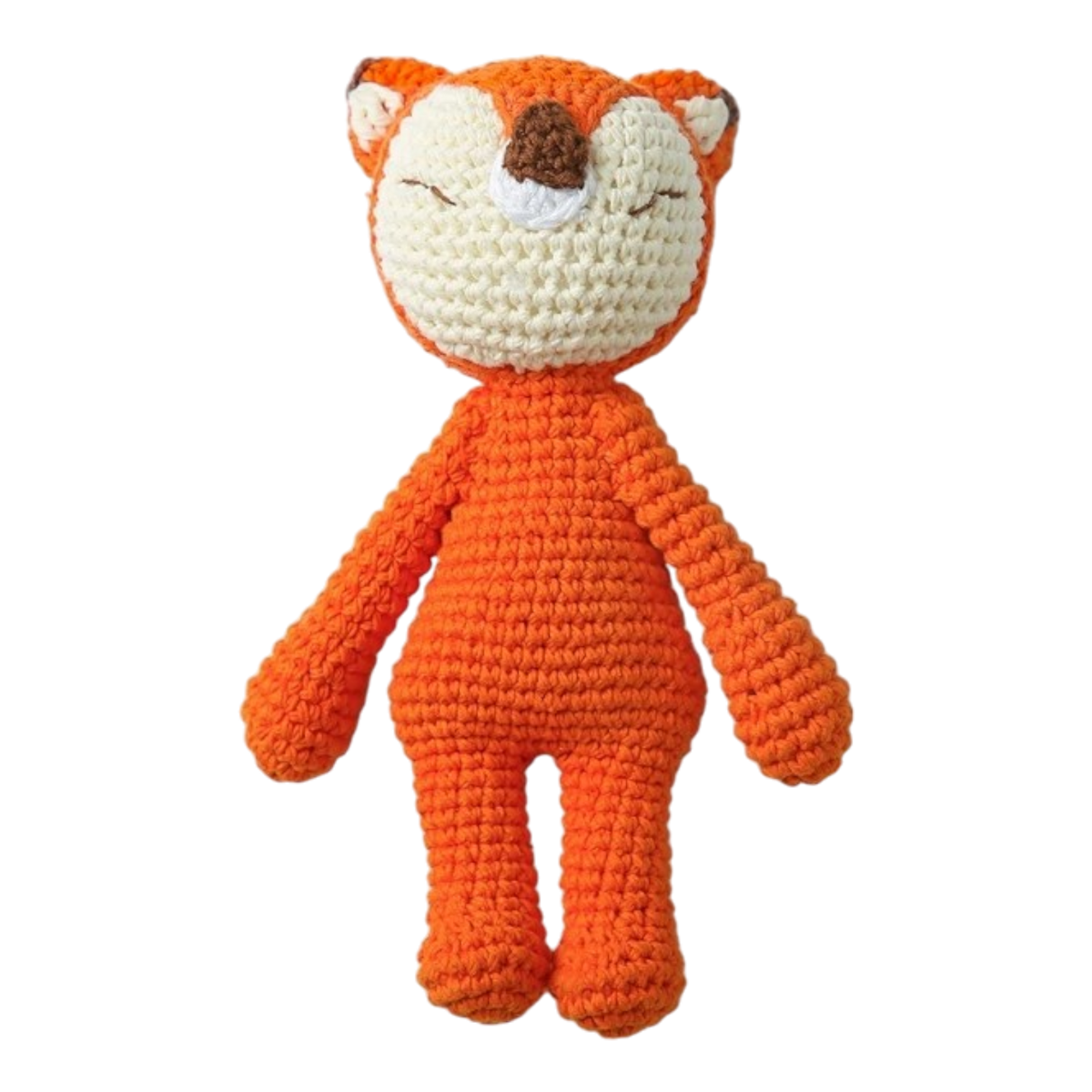 La volpe giocattolo lavorata a mano (18,5x11,5 cm) di Hello World è arancione all'uncinetto, ha una faccia bianca, un naso marrone e orecchie piccole e sta in piedi su uno sfondo semplice.