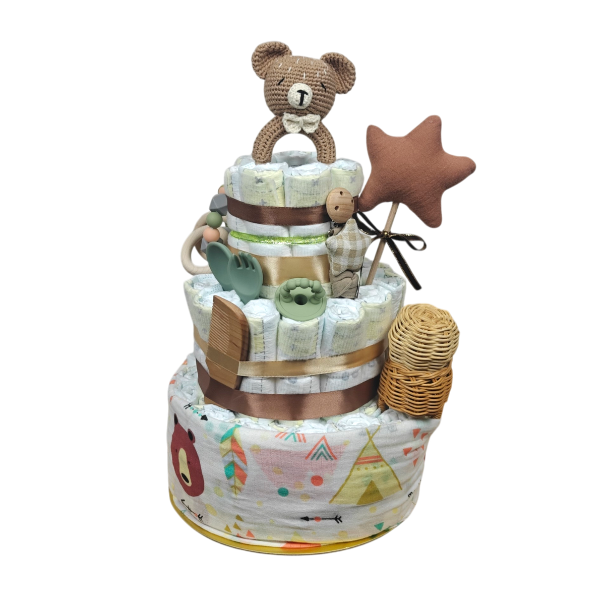 Windeltorte Bärencamp handgefertigt Geschenk zur Geburt Babygeschenk Schweiz