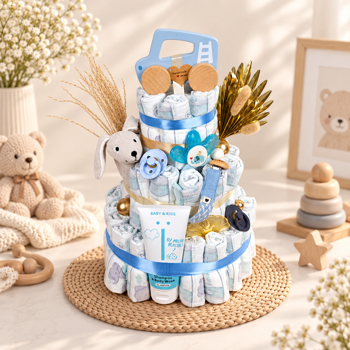 Blaue Windeltorte für Jungen mit Pampers, Schnullern, Kuschelhase, Holzfahrzeug, Schnullerkette und Baby-Pflegeprodukten – liebevoll dekoriertes Babygeschenk zur Geburt.