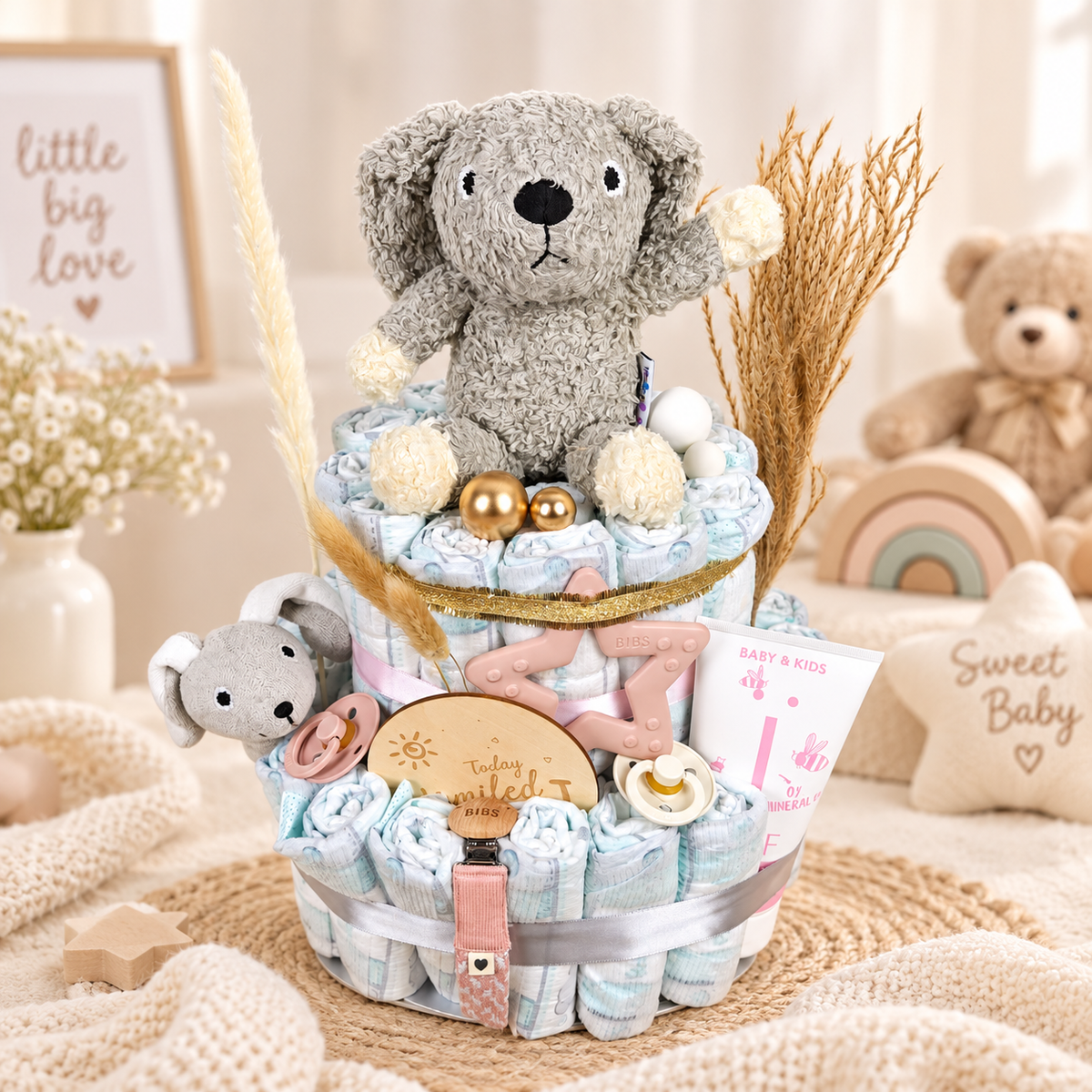 Liebevoll gestaltete Windeltorte als Babygeschenk mit grauem Kuscheltier, BIBS Schnullern, Beissring, Schnullerkette und Babypflege.