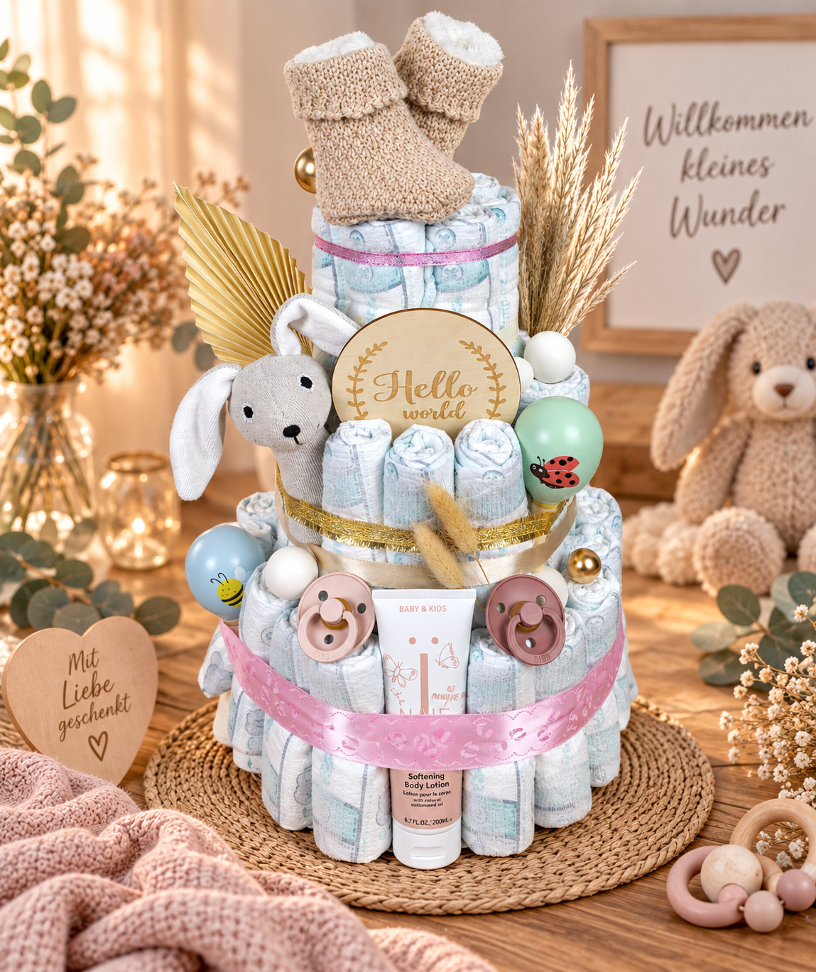 Windeltorte Elaia in Rosa und Creme mit BIBS Schnuller und Beissring, NAÏF Pflegeprodukten, Kuschelschuhen und liebevollen Details als hochwertiges Babygeschenk zur Geburt.