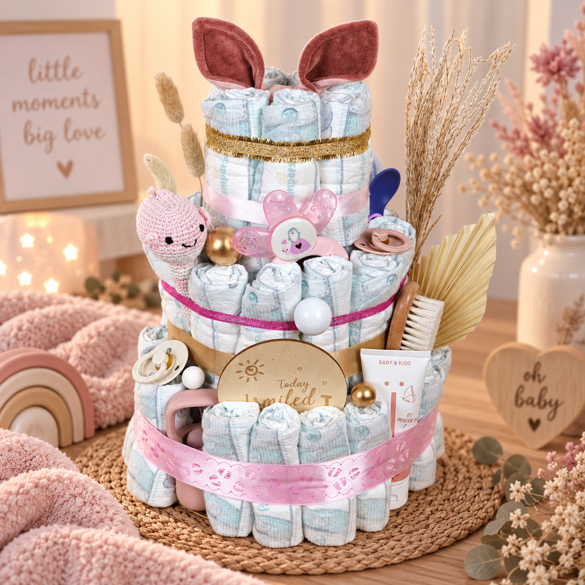 Windeltorte Elina als hochwertiges Babygeschenk in Rosa mit Schnullern, Babypflege, Holzdetails, Rassel und dekorativen Naturakzenten.