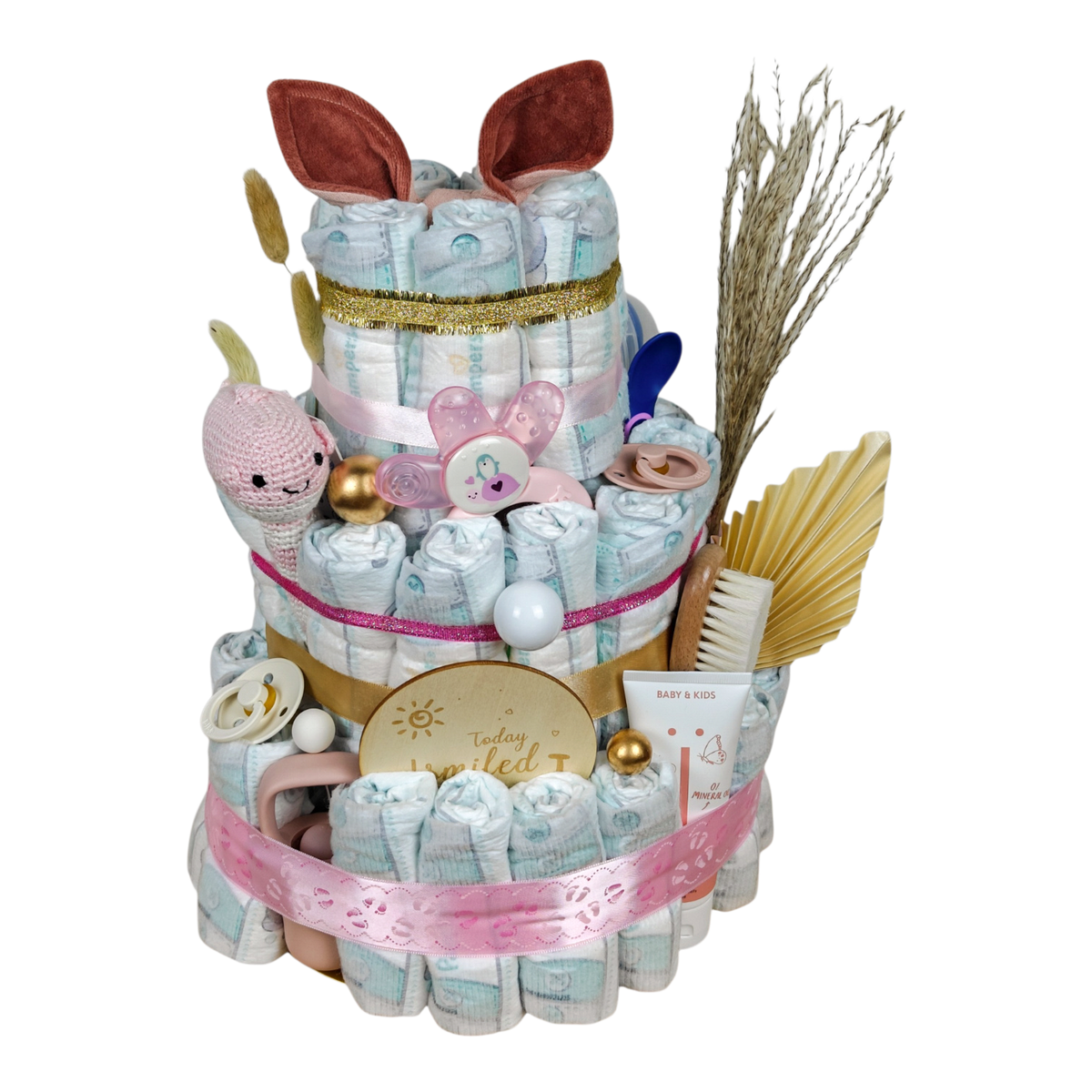 Windeltorte Elina mit 60 Pampers Grösse 2, BIBS Kuscheltuch Känguru Rosé, Walfisch-Rassel, Schnullern und Pflegecreme