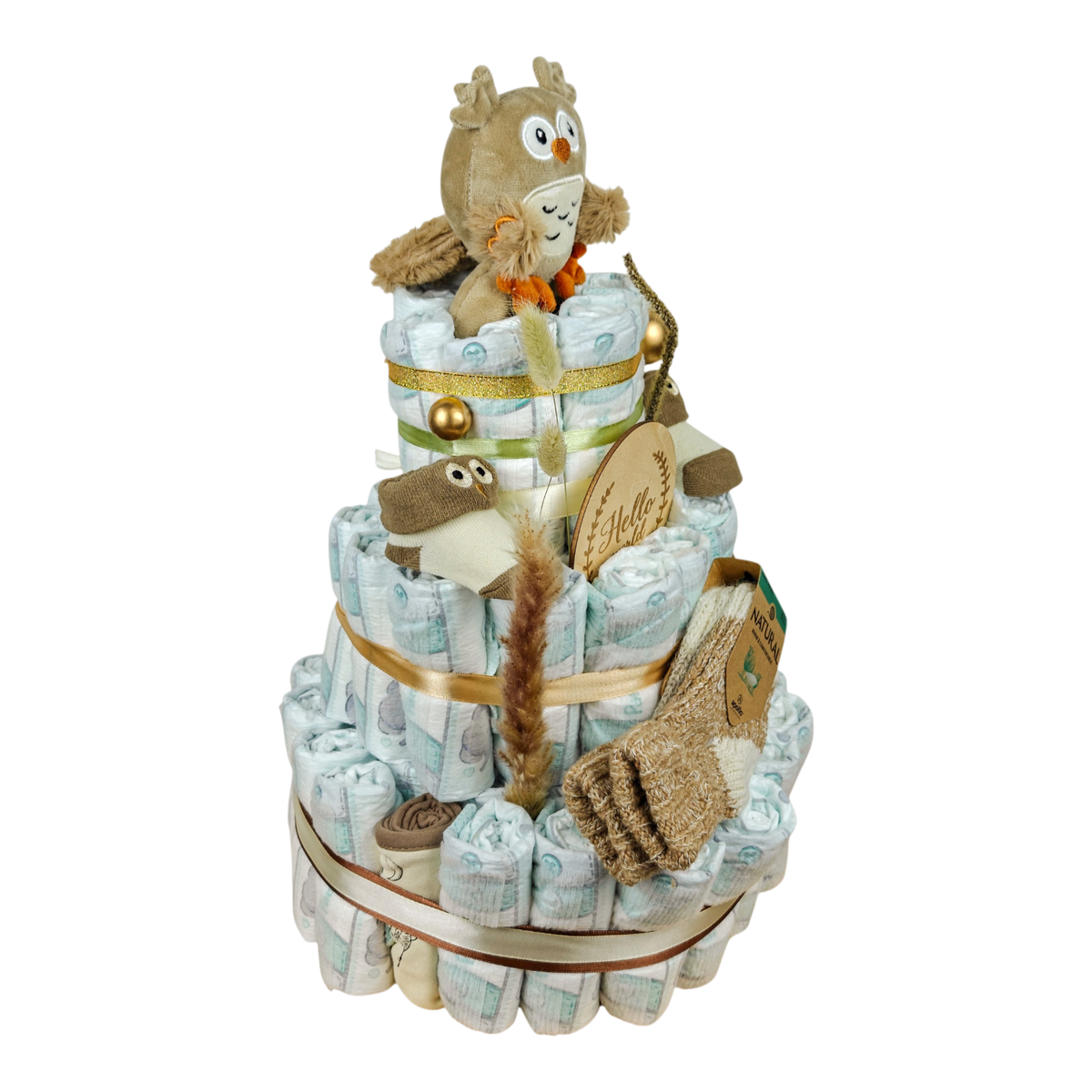 Windeltorte Filmore mit Eulen-Babyset, kuscheligen Wollsocken und 60 Pampers Premium Protection Windeln
